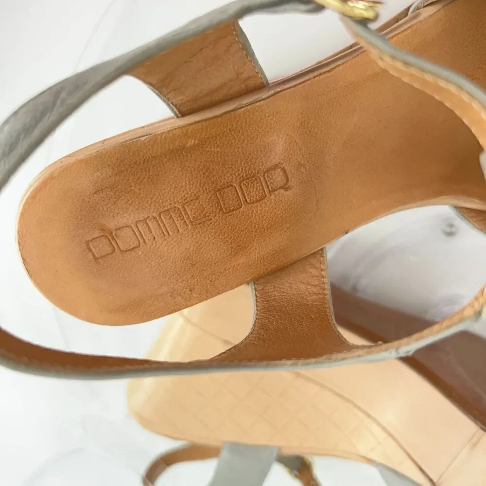 Pomme D'or Sandals Women's Size 39 8 Blue Gray Leather T-Strap Platform Wedge - Picture 14 of 16